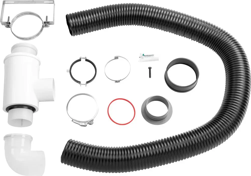Abgaszubehörpaket bestehend aus einem Kesselanschlussstück, Reduzierungen, einem Schlauch und Montagematerial, geeignet für Bosch Heizsysteme.